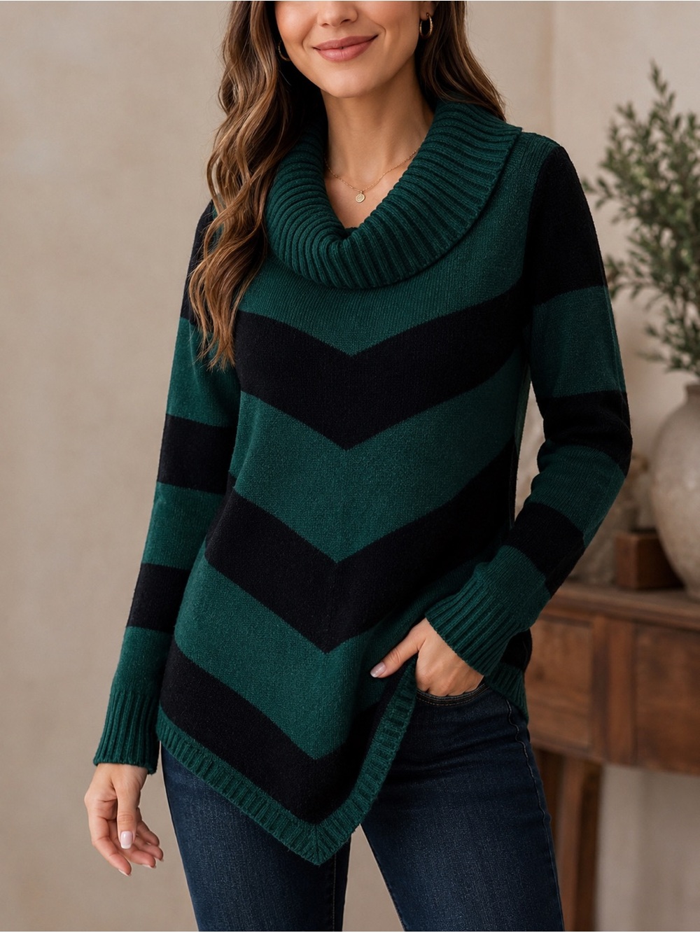 I.N. Studio Green & Black Large Stripe Cowl Neck Asymmetrical Hem Sweater